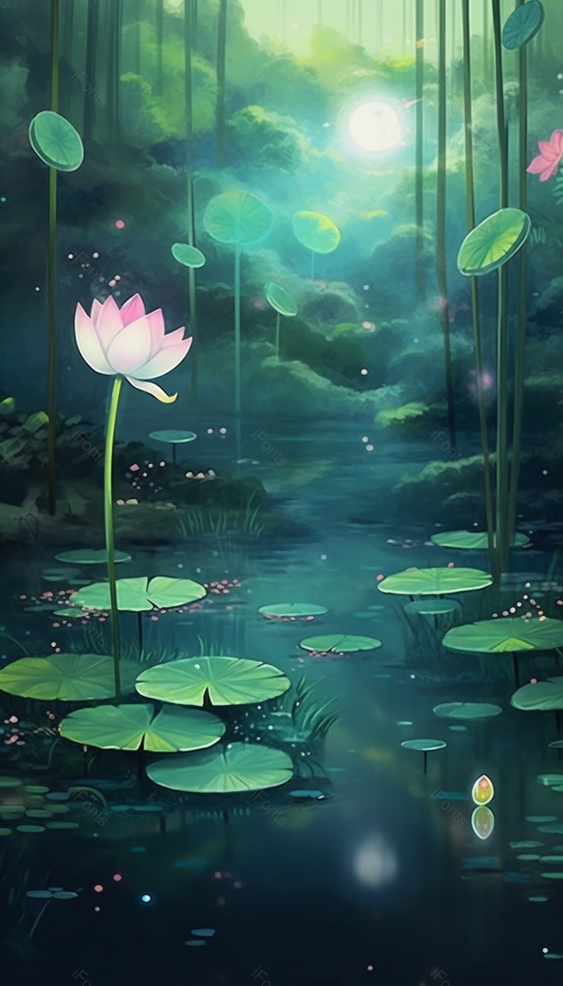 暗绿色玄幻壁画夏日夜色星空荷花插画背景,插画/手绘图,插画/手绘图库,插画/手绘图下载,插画/手绘